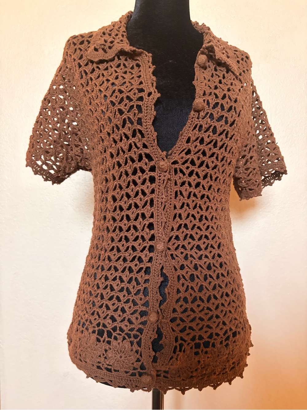 Vintage Victoria Holley Brown Crochet Open Front Knit Women's Sweater Cardigan